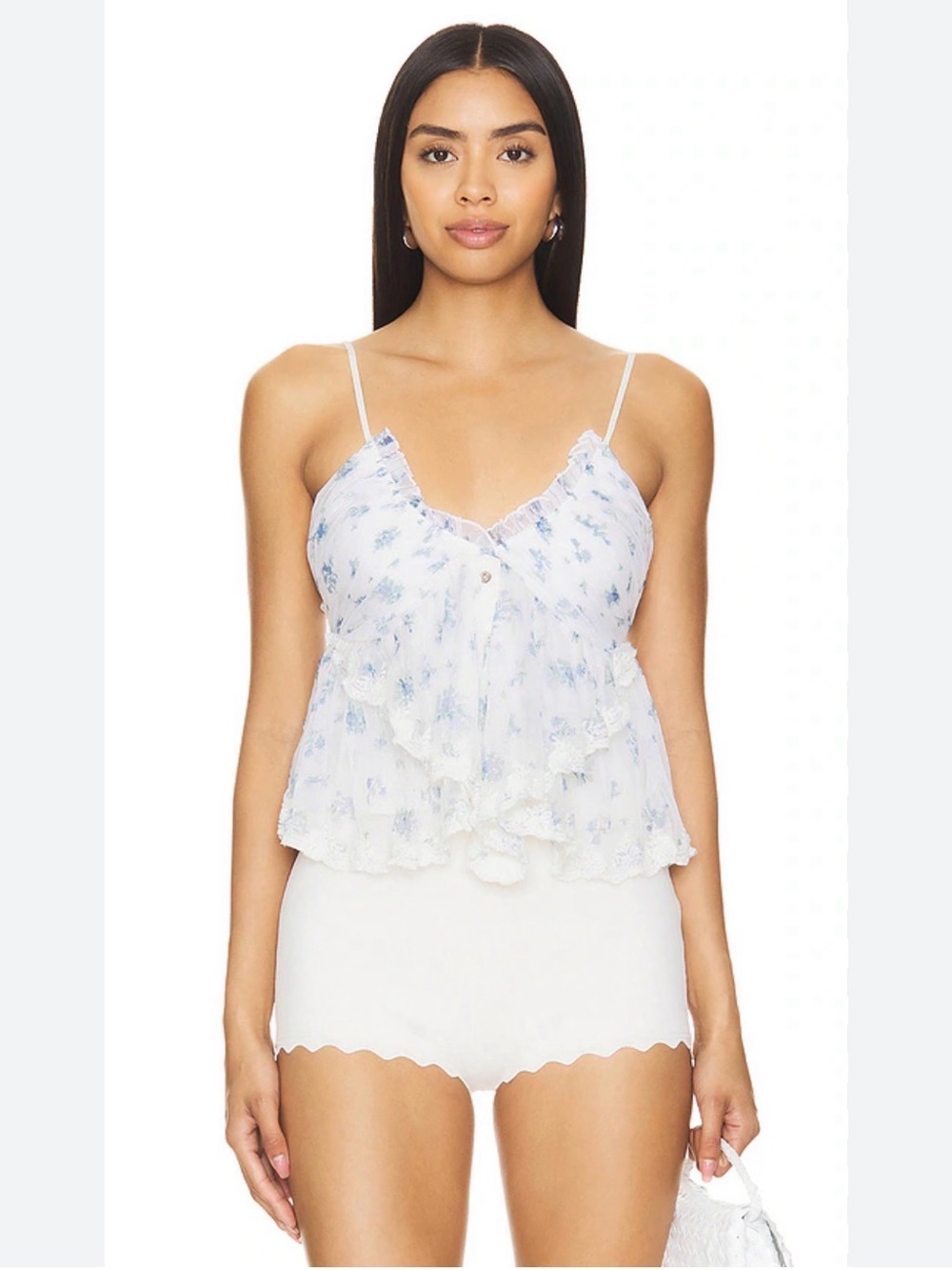 Free People Femme Fatale Cream Camisole Top with Blue Floral Print and Lace Trim